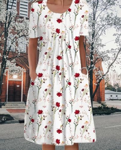 Womens Floral Print Dresses 2025 Summer Casual Short Sleeve Flowy Beach Vacation Elegant Comfy Dress with Pockets2