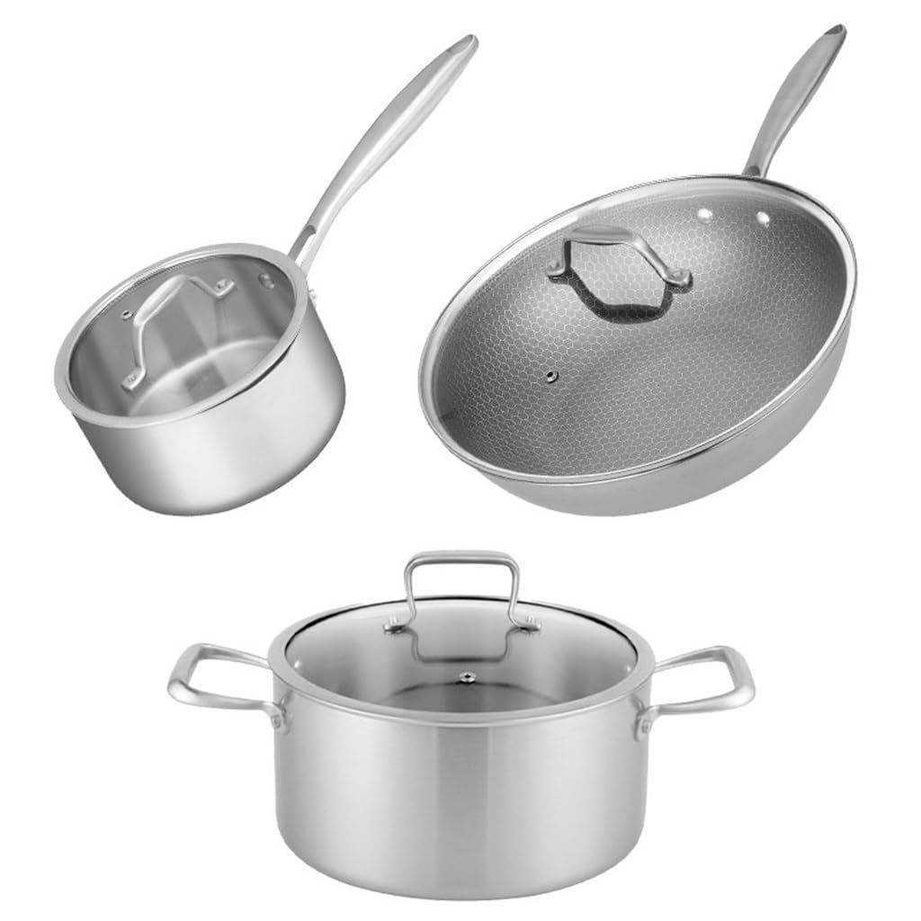 Wok en acier inoxydable 304 et sa batterie de cuisine trois pièces pour cuisine saine