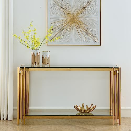 Coffee Table, Modern Side Table, Glass Top, Gold Stainless Steel Double Living Room Coffee Table (48" Polished Golden)