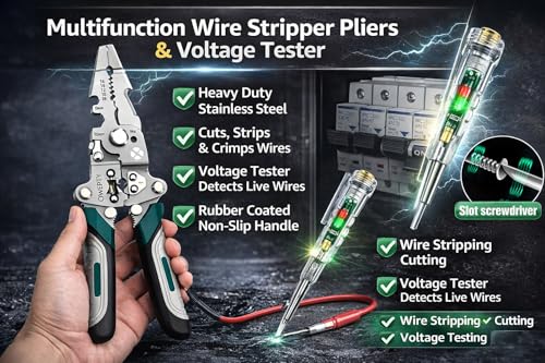 Image of 2026-Advanced Wire Stripper & Tester Combo Set All in One Multifunction Stainless Steel Wire Stripper & High Brightness Intelligent Voltage Tester Pen Electrical Hand Tool Kit Perfect for Electricians
