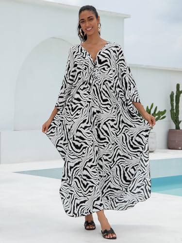 Image of IMAGEKOPE Women's Plus Size Animal Print V-Neck Batwing Kaftan Beach Dress Bathing Suit Cover-Up Loungewear