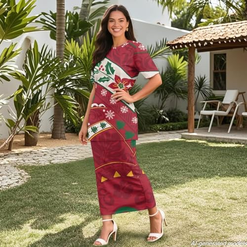 Image of Polynesian Dress for Women Short Sleeve High Waist Maxi Skirt | Puletasi dress, t-shirt and skirt two-piece, elastic material, lightweight, soft, plus size, luau party, wedding, clubwear