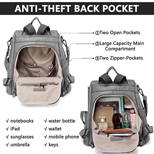 Women Backpack Purse Pu Leather Anti-Theft Casual Shoulder Bag Fashion Ladies Satchel Bag Large Capacity Travel Bag Waterproof Multipurpose Crossbody Handbag, Grey #TOP3