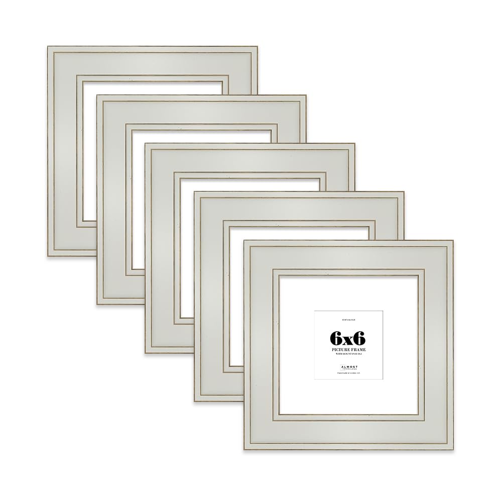 6x6" Light Grey Square Picture Frame with 3x3" Mount - Shabby Chic Photo Frame with Distressed Finish, Gold Trim, Wall Hooks and Kickstand, 37mm Edge - 5 Pack โ image 1