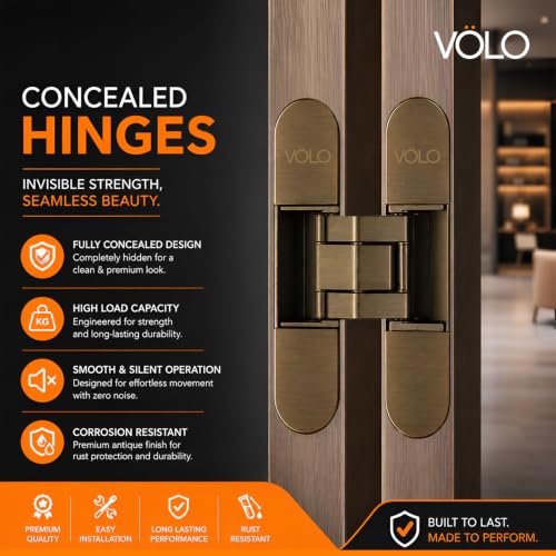 Image of VOLO Heavy-Duty Concealed Hinges - Hidden Door Hinges for Wooden & Flush Doors, Matt Black Finish | Pack of 2 Pieces | (6 Inch | Antique)
