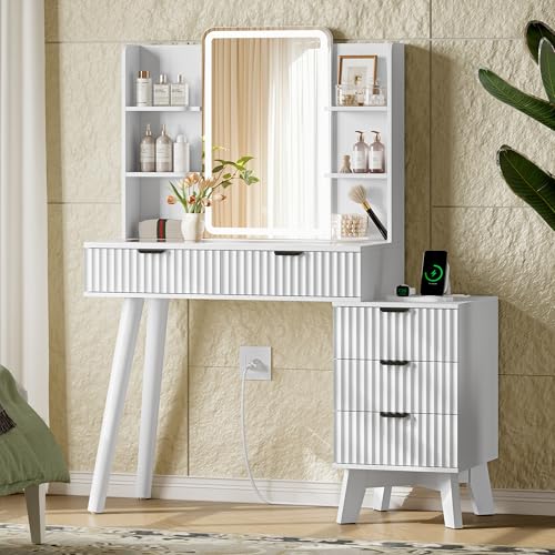 Image of Xixini Fluted Vanity Desk with LED Lights Mirror & Charging Station, White