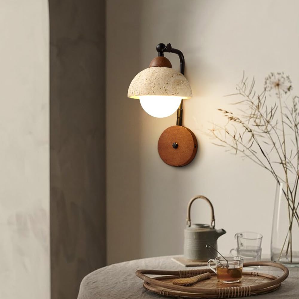 YVAMNAD Yellow Travertine Wall Sconce Hardwired Wabi Sabi Wall Lamp With Natural Stone Lampshade Sconce Lighting Japanese Marble Wall Mount Lighting Fixture For Kitchen Island Bedroom Living Room Wall