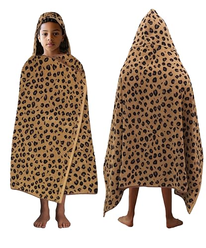 ORIGINAL KIDS Hooded Bath Towel Wrap - 100% Cotton Jacquard Animal Print Cheetah Leopard African Safari Oversized Kids Towel - Toddler Shower Pool Beach Towel - Soft Absorbent Quick Dry Gift - 30x52