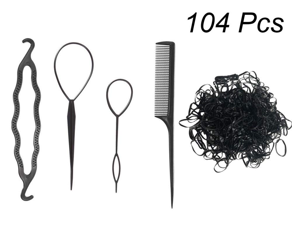 Homo TrendsTail Hair Braiding Tools, Fast Hair Styling Accessories for Ponytail Loop Bun Maker With 104 pcs Elastic Hair Bands for Women Girl