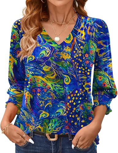 AKEWEI AKEWEI 3/4 Length Sleeve Womens Tops Summer Fashion V Neck Business Casual Blouses Smocked Shirts