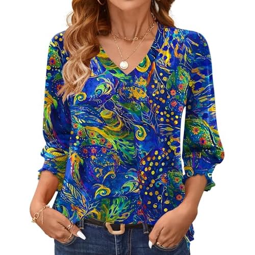 AKEWEI 3/4 Length Sleeve Womens Tops Summer Fashion V Neck Business Casual Blouses Smocked Shirts