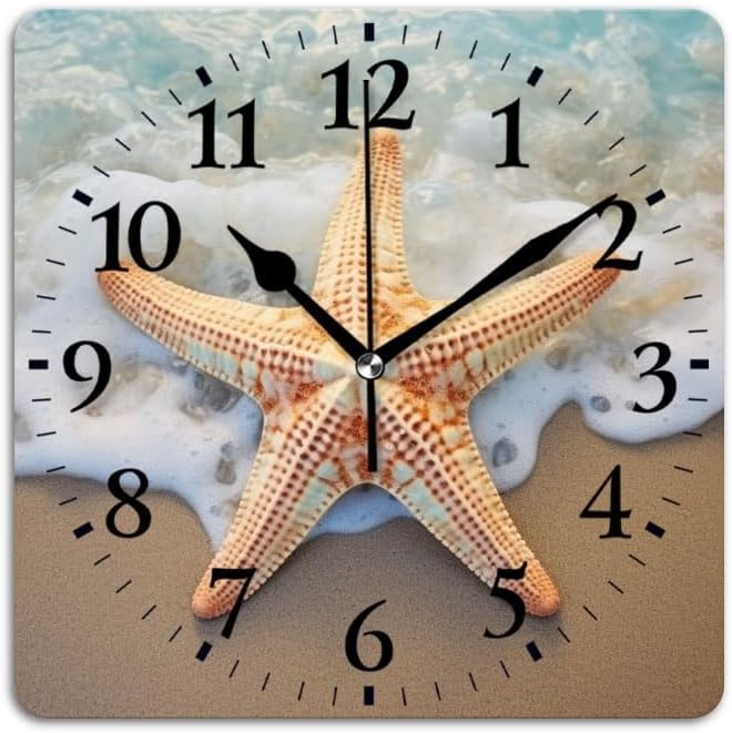 Quartz Wall Clocks Non-Ticking Silent Battery Operated Modern Wall Clocks Decorative for Home,Bedroom-Starfish On The Beach with Waves (16inch)