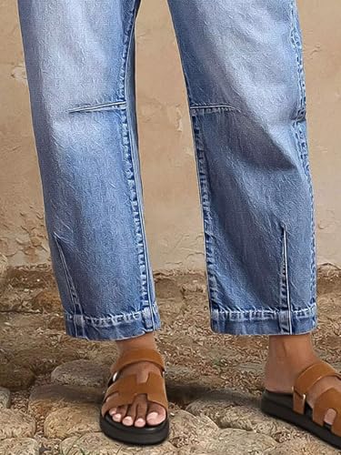 Flamingals Straight Leg Cropped Jeans for Women Barrel Casual Mid Rise Wash Stitch Detail Denim Jeans Without Belt2