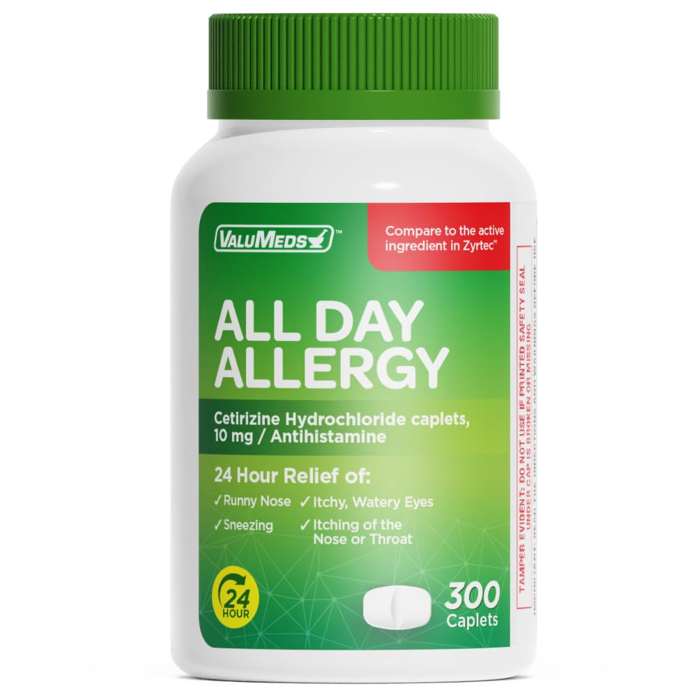 ValuMeds 24-Hour Allergy Medicine Antihistamine for Pollen, Hay Fever, Dry, Itchy Eyes, Allergies | Cetirizine HCl 10mg Caplets, Compare to Leading Brand (300 Count)