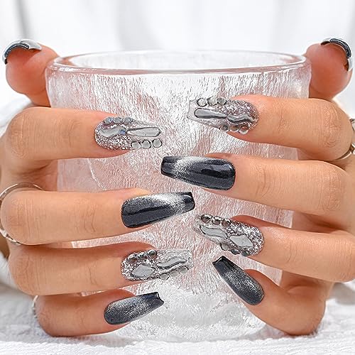 Sethexy Punk Long Coffin False Nails Handmade Rhinestone Cat Eye Gradient Fake Nails 3D Crystal Glossy Acrylic Black Press On Nails Salon Quality Nail for Women and Girls(O) - Image 2