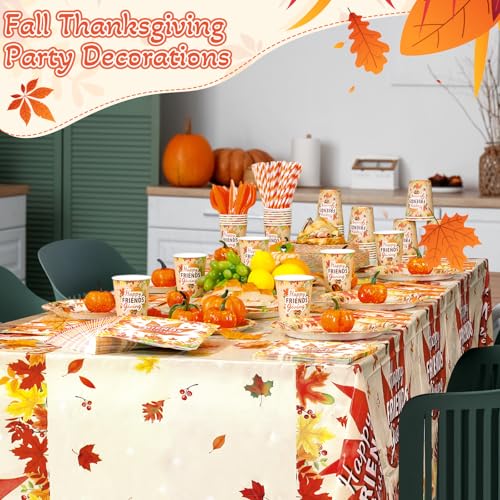Image of Funnymoom 452 Pcs Happy Friendsgiving Party Decoration for 50, Fall Maple Leaf Friends Giving Paper Plates Napkins Cups Tablecloth Cutlery Straws for Autumn Friendsgiving Thanksgiving Party Supplies