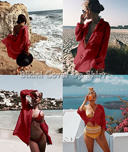 Image of Zoye Chen Women's Bikini Swimsuit Cover Up Button Down V Neck Shirts Long Sleeve Blouse Beachwear Bathing Suit