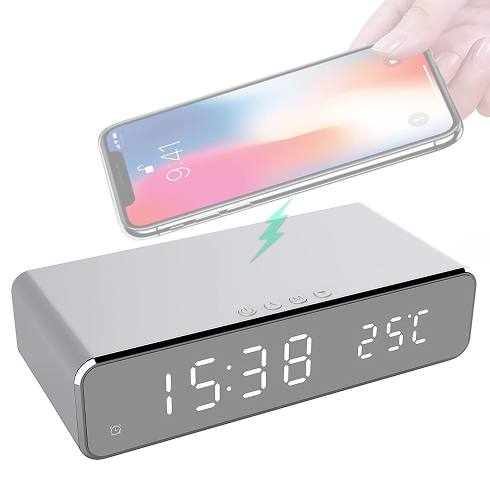 Breadom LED Electronic Clock With Wireless Charging, Multifunction Temperature Time Display Alarm Clock Desktop Mirror Clock