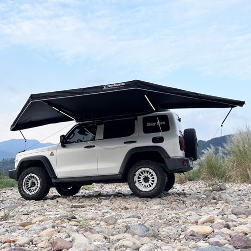 Free Standing Side Awning,2 Meters SUV Camping Canopy, 4WD Vehicle Aluminum Frame Free Pole Awning, Lightweight Black Color Mounted,Universal Truck Van Off-Road Car Roof Rack (180 degree 200x200cm)