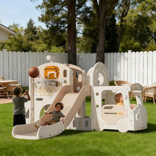 Kakbgee 8-in-1 Kinder Rutsche, Baby Slide, Mini-Bus, 2m HDPE Kinderrutsche - mit Geländer, Futschfesten Stufen, Tunnel, Stauraum, Gartenrutsche Spielplatz für Drinnen/draußen, ab 6 Monaten, Khaki