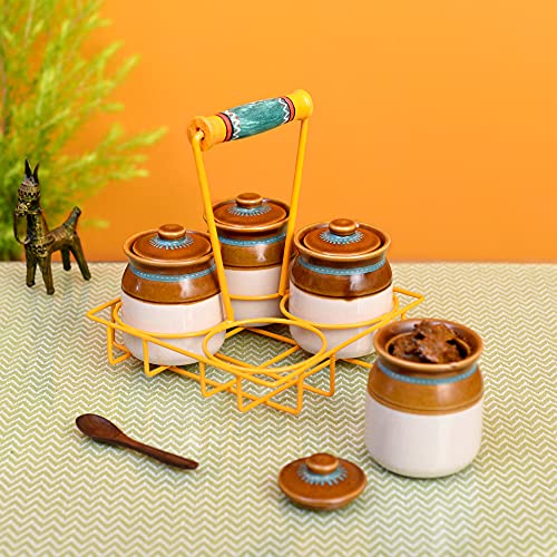 Image of AAKRITI ART CREATIONS Char Chatore Barni Set with Yellow Handpainted Metal Stand | Set of 4 Ceramic Achar ki Barni & Mukhwas Box | Handcrafted Storage Jar for Spice & Pickle