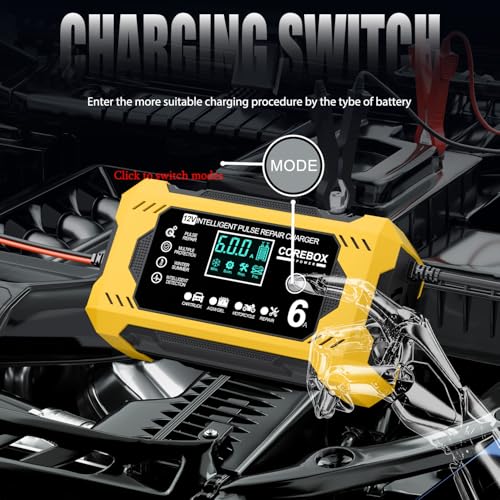 Image of Corebox Battery Charger 6-Amp 12V Automatic Smart Battery Trickle Charger, Battery Maintainer Desulfator with Temperature Compensation for Car Truck Motorcycle Lawn Mower Marine