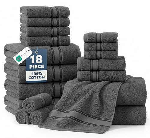 Image of Lane Linen 100% Cotton 18 Piece Bath Towel Set - Zero Twist, Quick Dry, Super Soft & Highly Absorbent - 6 Bath, 6 Washcloths, 6 Hand Towels for Bathroom - Hotel Quality Bathroom Towel Set - Grey