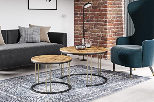 Tables Basses Rondes Modulables - Tables Basses Style Loft avec Pieds en Métal - 2 en 1 - Deux Mini Tables Séparées Style Industriel pour Le Salon - Chêne/Doré Cover