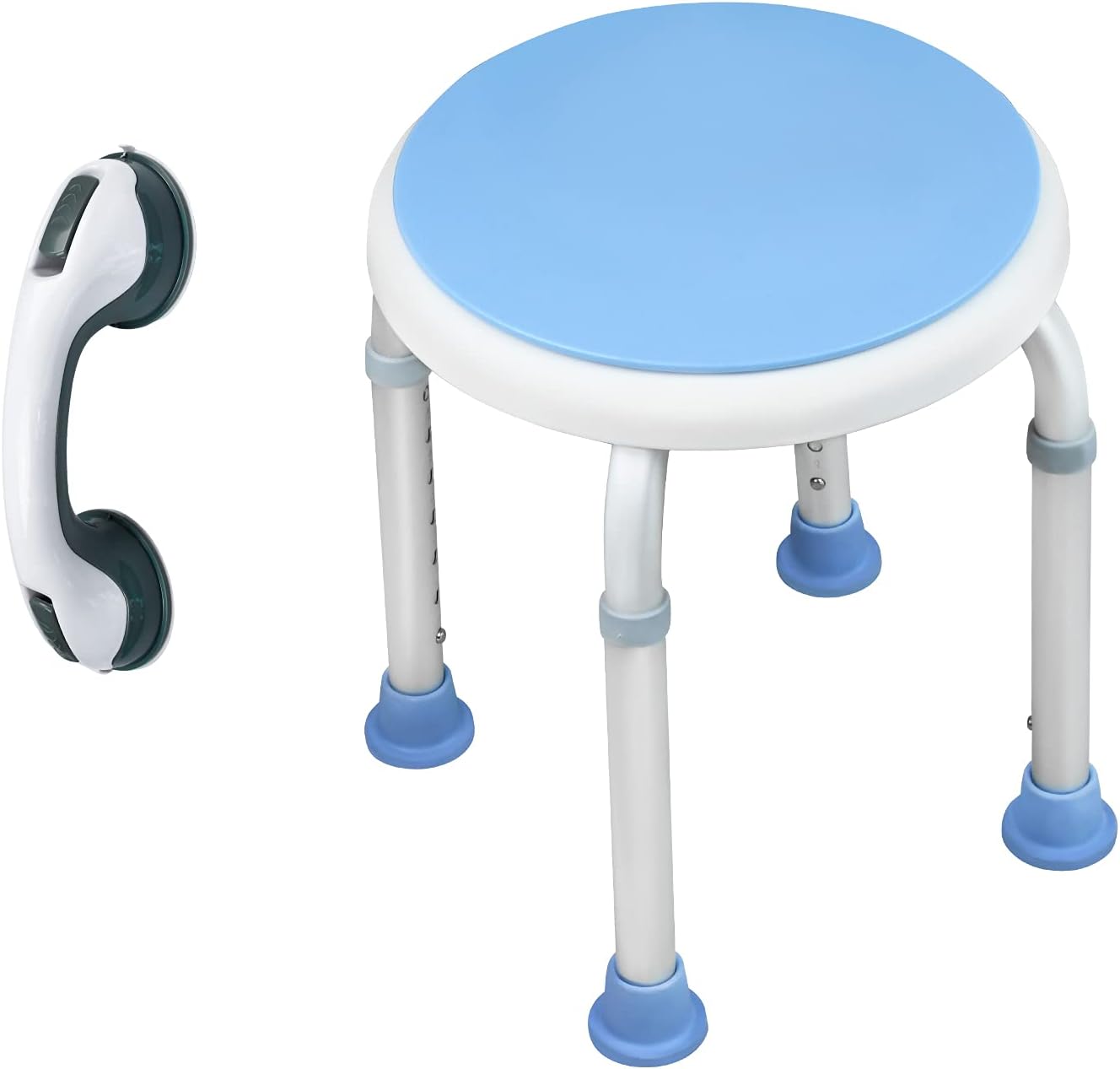 YUENFONG Silla de ducha giratoria 360°, taburete de baño y altura regulable 36-51 cm, de aluminio y plástico, asiento para ducha con reposapiés antideslizante (modelo K, con barras de agarre)