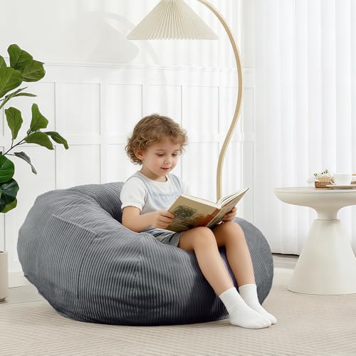 Bean Bag Chair with Corduroy Cover and Memory Foam Filled for Teens and Kids, Small Comfy Fluffy Floor Chair for Living Room Bedroom (Gray, 2.5FT) Grey 2.5FT