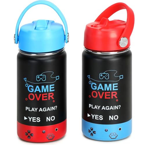 Image of Kids Insulated Water Bottle with Straw Lid, 14oz Double Wall Vacuum Stainless Steel Tumbler, Leak Proof Reusable Metal School Cup for Boys Girls, Keep Cold 24H Hot 12H (Blue-Red-GAME(Pack 2))