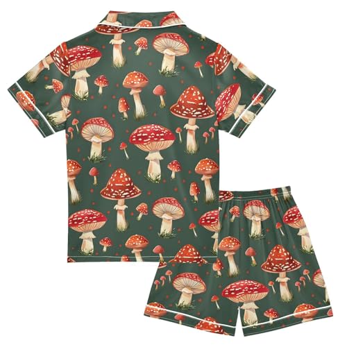 ALAZA Mushroom Red Vintage Satin Pajamas Set Short Sleeve Button Down Sleepwear Summer Pjs 2 Piece2