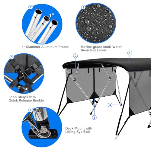 Image of Bimini Top for Boats Boat Canopy with Mesh Sidewalls (Black,4 Bow 67 inch-72 inchW)