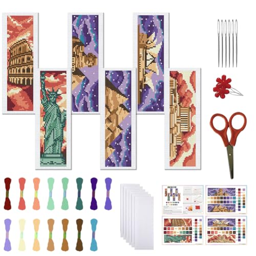 FREEBLOSS 6 Set Cross Stitch Bookmark Stamped Cross Stitch Kit with Colorful Places of Historic Interest Embroidery Kit with Instruction DIY Bookmark Kit for Gift Adults 8.66''*3.14''