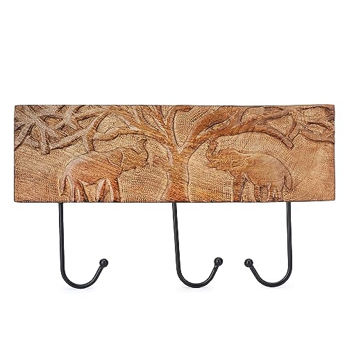 Ajuny Wooden Coat Rack Wall Mounted 3 Hooks with Elephant Carving Cloth Rack for Hanging Clothes Robes Towels Coats - Heavy Duty Wooden Key Hanger for Entryway Home Decor Gifts - 15 X 5.9 Inch