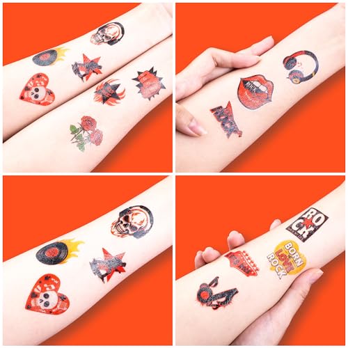 Image of 96 PCS Born to Rock and Roll Pre-Cut Temporary Tattoos for Kids | | Super Cute Themed Birthday Party Favors, Supplies, Decorations, Music Fake Tattoo Stickers Rewards & Gifts For Boys & Girls
