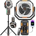 OGERY Portable Camping Fan with Adjustable Height Stand, 30000mAh Battery Powered Fan with Remote, LED Light, Auto Oscillation for Tent, RV, Bedroom, Travel – Floor & Desk Fan