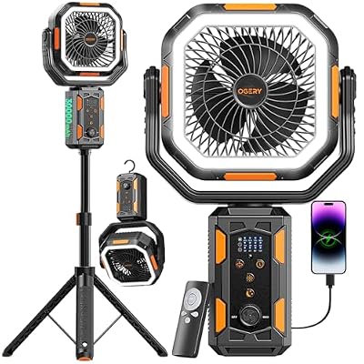 OGERY Portable Camping Fan with Adjustable Height Stand, 30000mAh Battery Powered Fan with Remote, LED Light, Auto Oscillation for Tent, RV, Bedroom, Travel – Floor & Desk Fan