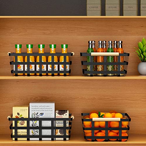 2 Pack X-Large Wire Metal Baskets Thick Functional Storage Organizer Farmhouse Fruit Bin With Wood Handles For Pantry Cabinets Rustic Kitchen Counter Closet Under Sink, Entryway- Black Upgraded #TOP5