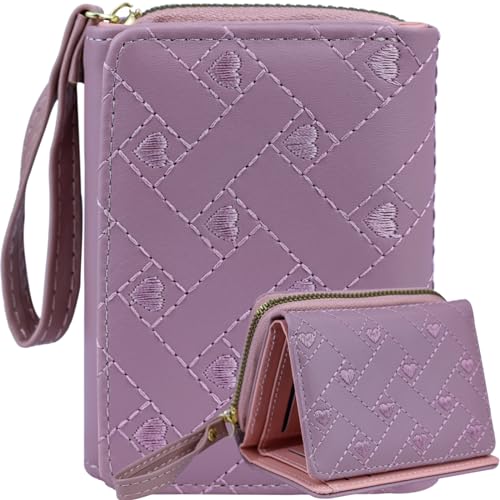 Cute Genuine Leather Wallet for Women Minimalist Kawaii Coin Purse with ID Window Travel Size (Purple)