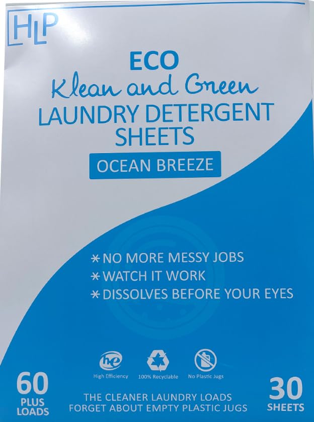 HLP Healthy Living Proteins HLP Laundry Detergent Sheets - 30 Detergent Sheets - 60 Loads - Ocean Scent - No Plastic Jug - Concentrated NO Liquid