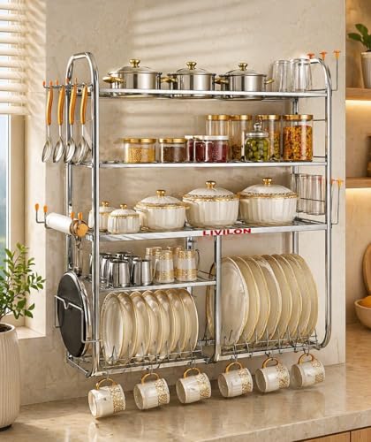Image of LIVILON Stainless Steel 5-Tier Kitchen Rack with Utensil Holder & Dish Drainer | Multi-Purpose Storage Organizer for Plates, Cups & Cookware
