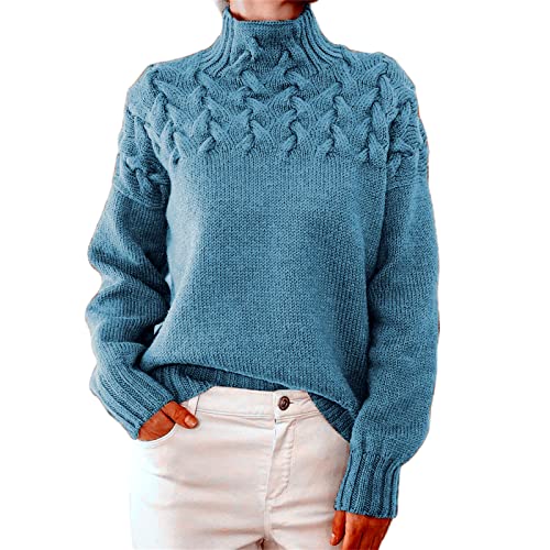 FeMereina Femmes Couleur Unie Col Roulé Pull Couleur Unie Câble Tressage Manches Longues Col Haut Tunique Tricoté Pull Hauts Hiver Chaud Mode Elégant Pullover Sweaters Tops (Bleu Ciel, S) Cover