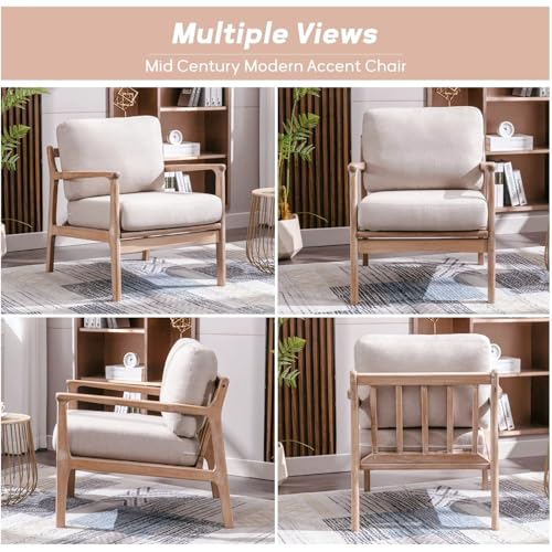 ANJ ANJHOME Mid Century Modern Accent Chair, Linen Upholstered Armchair Comfy Lounge Chair with Solid Wood Frame for Living Room (1, Beige) - Image 5
