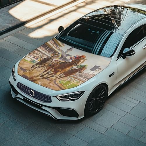 Image of Hood Cover for Compact Sedan SUV Trucks, 59x39 inches Stretchable Car Hood Wrap Blankets, Horse Racing Waterproof Automotive Exterior Accessories