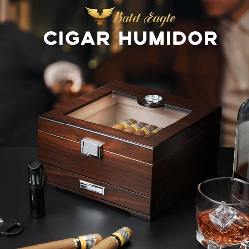 Bald Eagle Cigar Humidor, Handmade Box with Humidifier Hygrometer, Cedar Wood Glass Top Case with Accessories Drawer, Hold 30-35 Cigars - Image 7