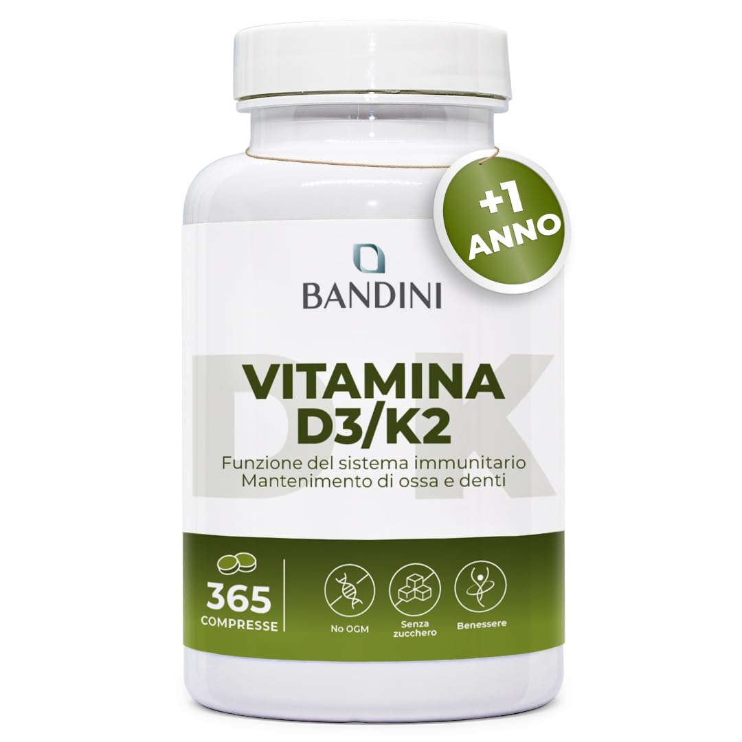 Bandini® Vitamina D3 K2 | 365 COMPRESSE (12 Mesi) | Vitamina D 2000 UI + | 200 mcg Vitamin K | Vitamine MK-7 99% All Trans Vit D3+K2 | Per Ossa, Denti, Muscoli, Articolazioni & Sistema Immunitario