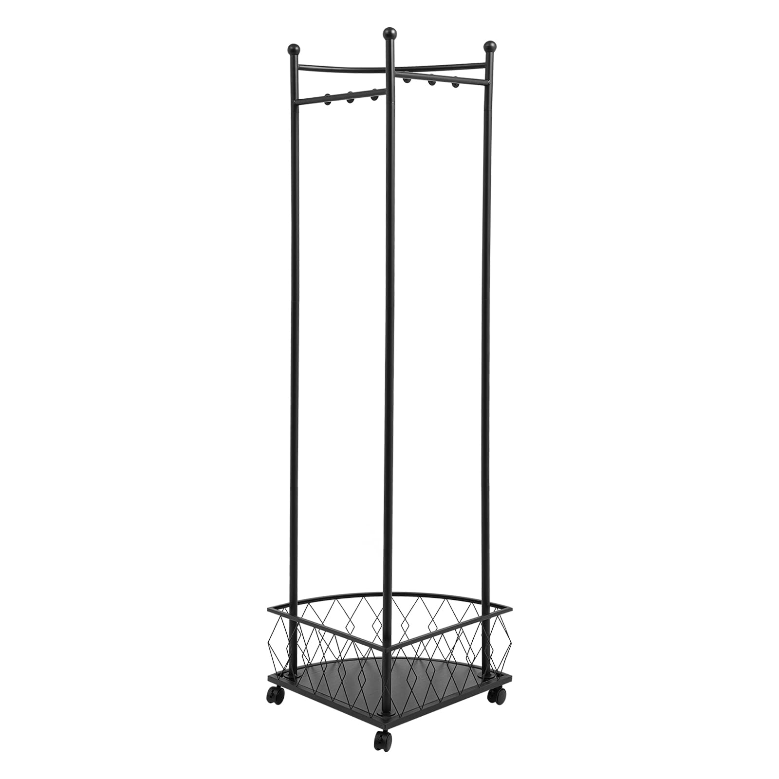 Perchero móvil con cesta de almacenamiento, perchero de esquina de metal con 4 ruedas, perchero de esquina independiente con 6 ganchos para ropa, sombreros, bolsos, pasillo, entrada (negro)