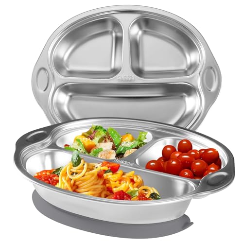Image of Mrs. Chou Stainless Steel Baby Suction Plates: Divided Plates for Babies and Toddlers, Made of 100% Food-Grade Materials Ideal for Baby-Led Weaning BPA-Free Toddler Feeding Dishwasher Safe Gray