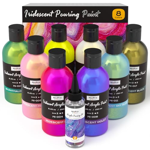 Nicpro 8 Colors Iridescent Metallic Acrylic Pour Paint Supplies Kit 8.45oz Large Ready to Pour Premixed High Flow Pouring Paint Set with Silicone Pouring Oil Gloves Instructions for Beginner DIY